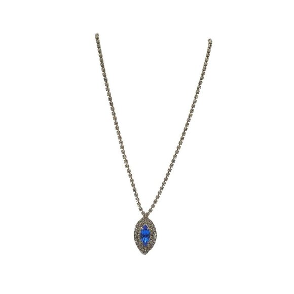 Vintage Silver Rhinestone Necklace With Blue Marquise Glass Pendant - Picture 1 of 6